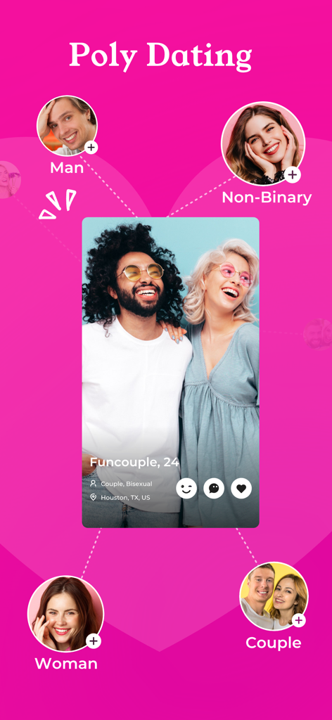Interfaz de la app BiCupid para citas poliamorosas, mostrando perfiles de solteros y parejas