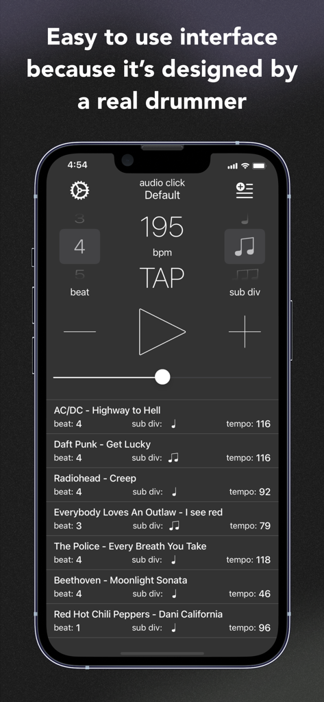 Metronome - Tempo & BPM - Metronome app interface showing a saved tempo list with songs and BPM settings on an iPhone