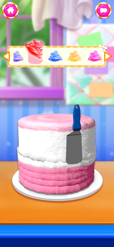 Food Cooking Baking Girl Games - A pink and white cake being decorated with a spatula in a baking game interface