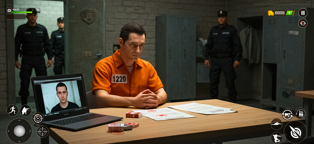 Jail Break Prison Escape Game - Prisoner in orange jumpsuit sitting at a table in a prison interrogation room with guards in the background