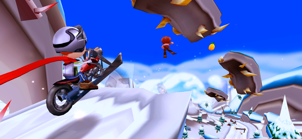 Skiing Fred - Personaje Fred conduciendo una moto de nieve por un recorrido de montaña con trampas de púas