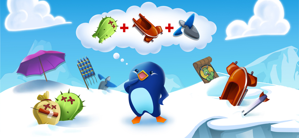 Blue penguin thinking about flight upgrades like a sled and propeller in a snowy landscape.