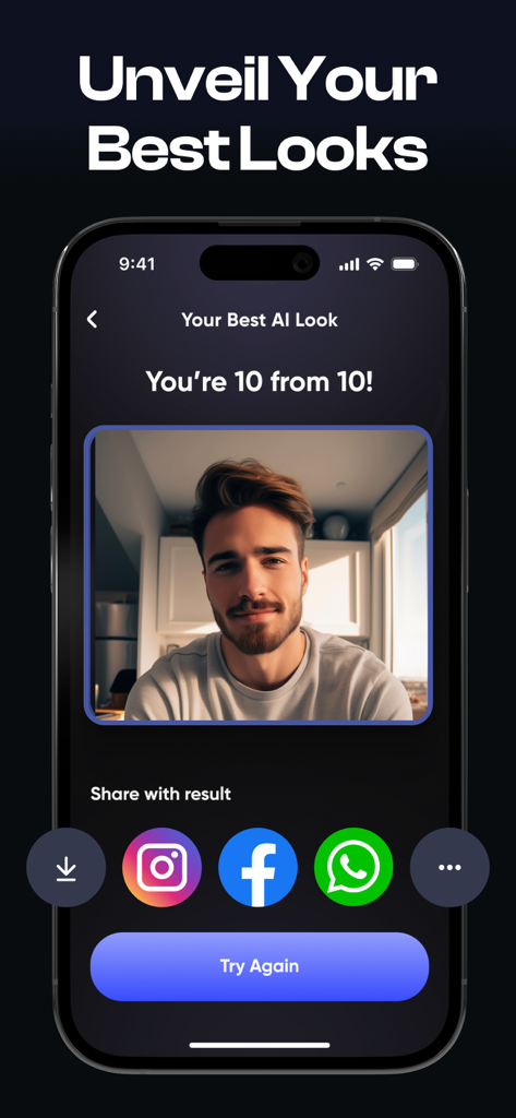 LooksMax AI app che mostra un risultato di valutazione di attrattiva dieci su dieci per un utente maschio