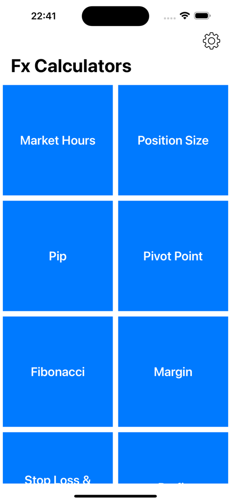 Forex Calculators for traders - Main menu of the Fx Calculators app displaying a grid of tools including Market Hours, Position Size, and Pip calculator.