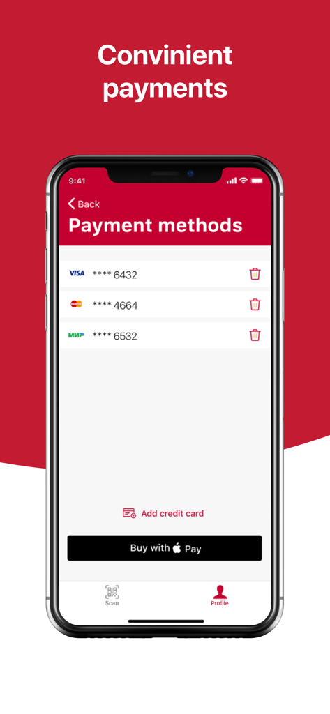 Mobile app interface for 24U payment methods showing saved credit cards and Apple Pay button