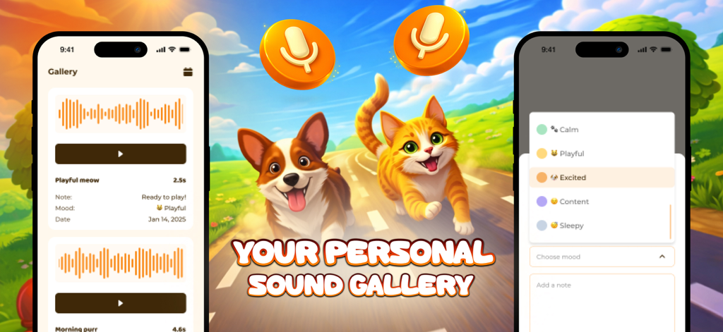 My Echo Collar : Pet Whisper - My Echo Collar app interface showing a gallery of pet sounds and mood tracking features with cartoon animals