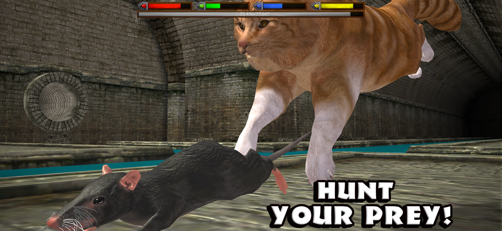 Ultimate Cat Simulator - Um gato laranja caçando um rato grande em um túnel de esgoto escuro com barras de status na tela