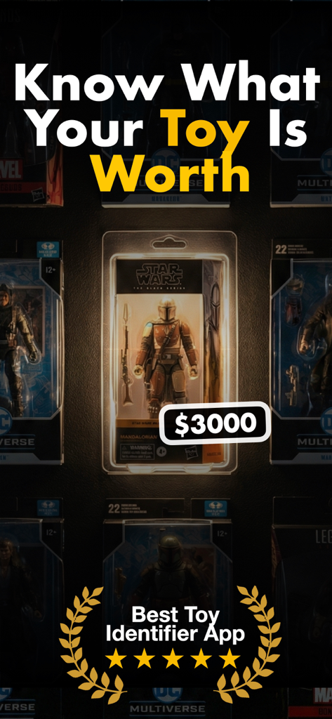 Toyzie AI: Toy Value Scanner - Toyzie AI app interface showing a Star Wars Mandalorian figure valued at 3000 dollars