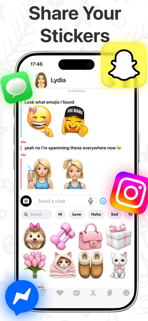 User interface of Mojify app showing custom AI-generated stickers and emojis being shared across social media platforms like Instagram and Snapchat.