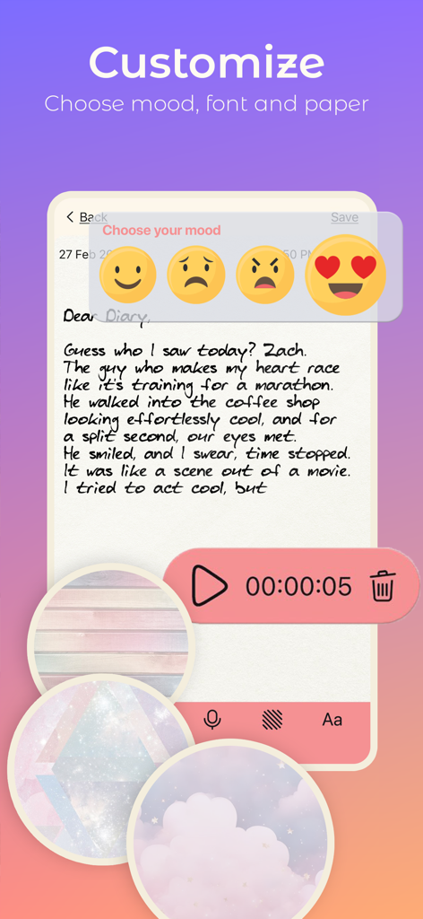 Girl Private Diary With Lock - Girl Private Diary app interface showing mood emoji selection font styles and aesthetic paper themes