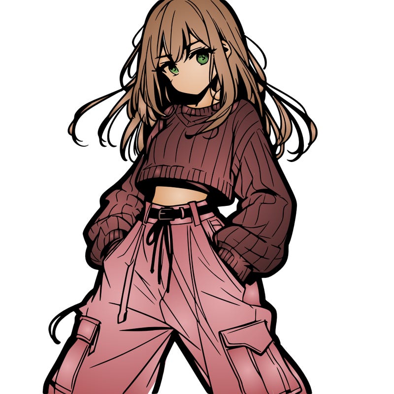 anime teen girl with baggy pants and crop top with sweater