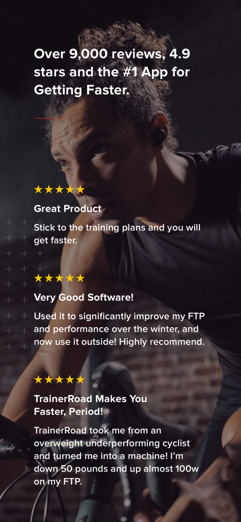 Screenshot of TrainerRoad app showcasing high user ratings and testimonials about improved cycling performance and FTP gains.