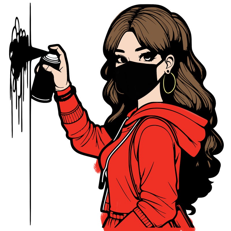 realistic girl with mask spray painting a wall