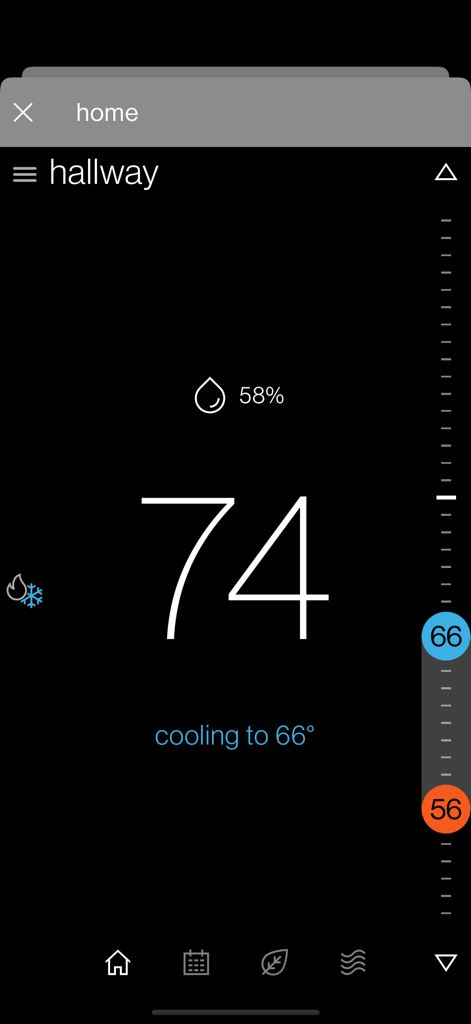 SkyportHome app interface showing a hallway thermostat set to cool to 66 degrees