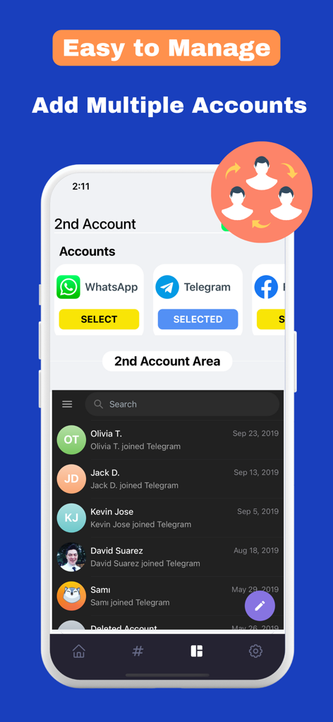 Interface for managing multiple messaging accounts like WhatsApp and Telegram using a virtual number