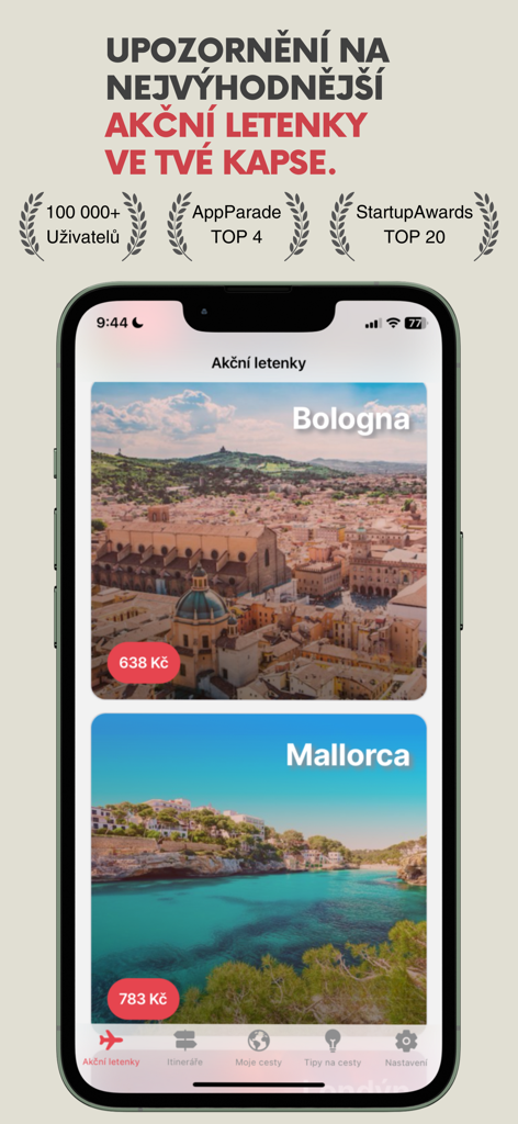 FlyAway app mobile interface showing discounted flight offers to Bologna and Mallorca