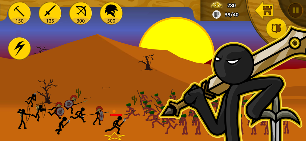Stick War: Legacy - Stick figure army engaging in battle on a desert landscape at sunset