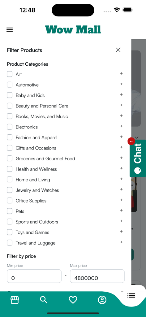 Wow_Mall - Wow Mall app interface showing product categories and price filters