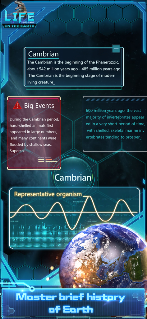 Scientific interface in Idle evolution Life on Earth app showing educational facts about the Cambrian period and Earth history.