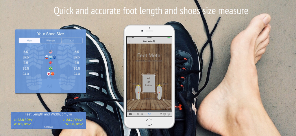 A smartphone screen displaying the Feet Meter app interface next to a barefoot and sneakers for measuring shoe size.