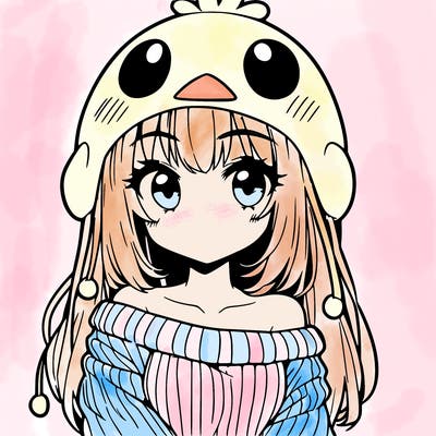 anime girl with chick shaped hat with sweater with bare shoulders with bangs covering them one eye with low tail