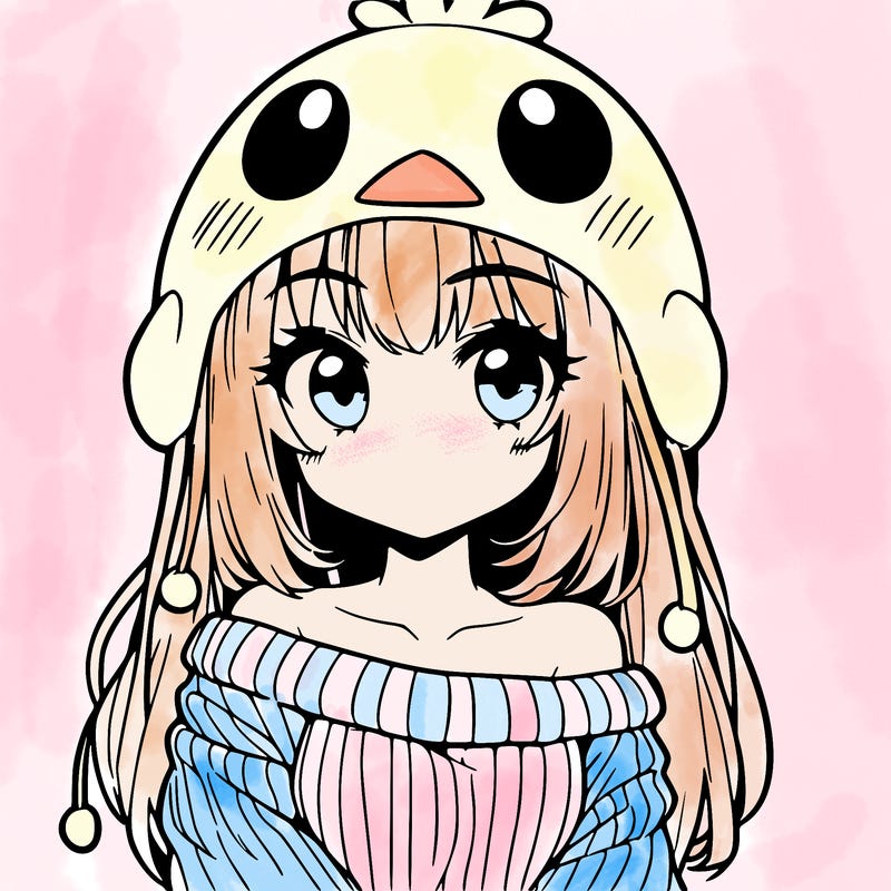 anime girl with chick shaped hat with sweater with bare shoulders with bangs covering them one eye with low tail