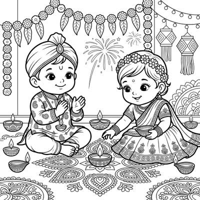 Immerse yourself in the festive spirit of Diwali with this charming coloring page, featuring two adorable chibi children dressed in traditional Indian attire. Surrounded by glowing diyas and intricate rangoli, this illustration captures the joy and warmth of the festival of lights for all ages.