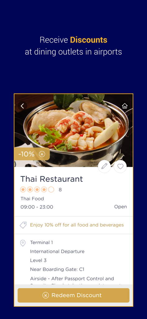 Schermata dell'app Visa Dine and Travel che mostra un'offerta di sconto per un ristorante Thai in aeroporto