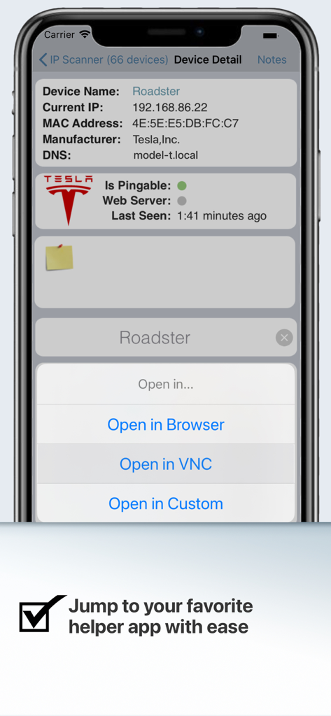 IP Scanner Ultra - IP 스캐너 울트라 장치 세부 정보 화면에 네트워크 정보와 브라우저 또는 VNC에서 열기 옵션이 표시됨