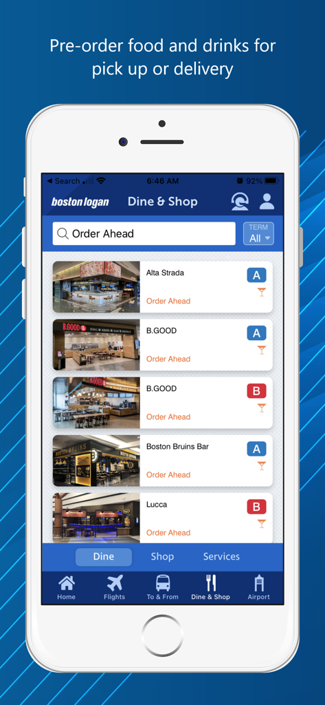 FlyLogan mobile app showing the Dine and Shop interface for pre-ordering food at Boston Logan Airport.