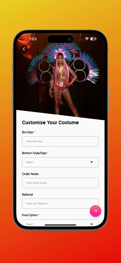 Carnivalist - Carnivalist mobile app interface for customizing a vibrant carnival costume with options for size style and food selection