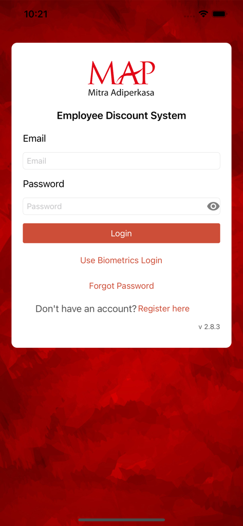 Login screen for the MAP Employee Discount System internal application