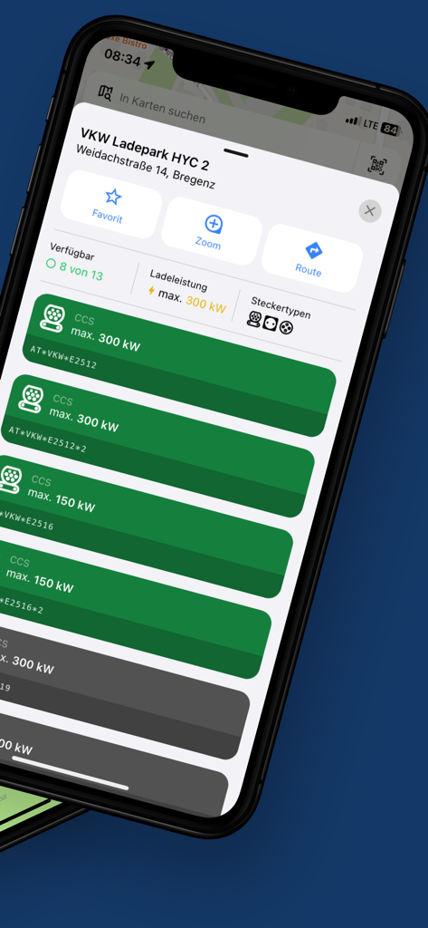 vkw vlotte - Mobile app screen showing real-time availability and technical details of an EV charging station in Bregenz
