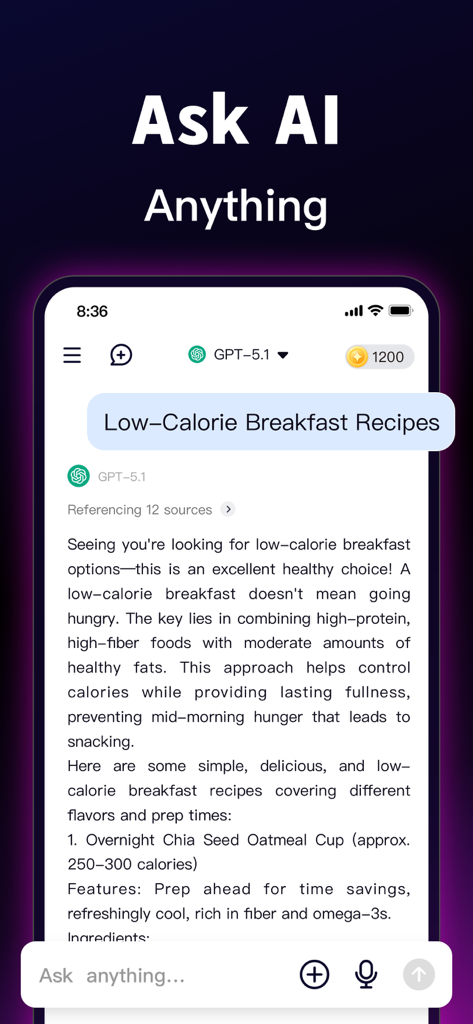 Chatbot AI Assistant - Modlib - Modlib AI app interface showing a chat with an AI assistant about breakfast recipes