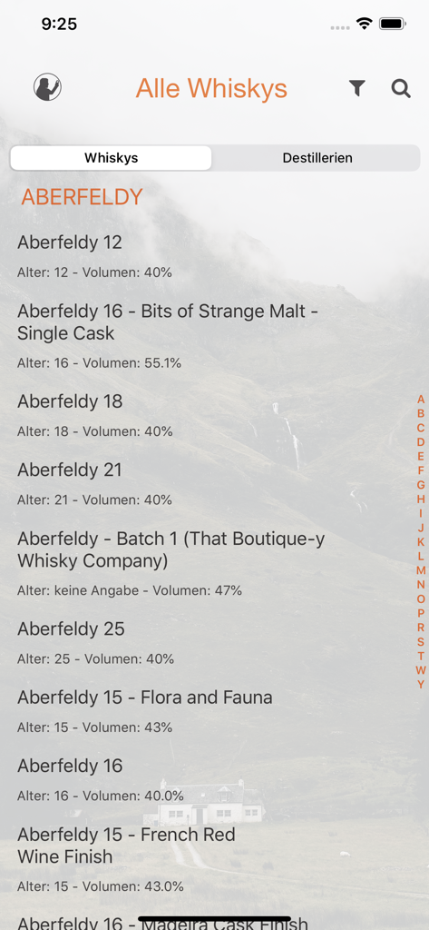 Mobile app screen showing a list of Aberfeldy whiskies with details on age and alcohol volume.
