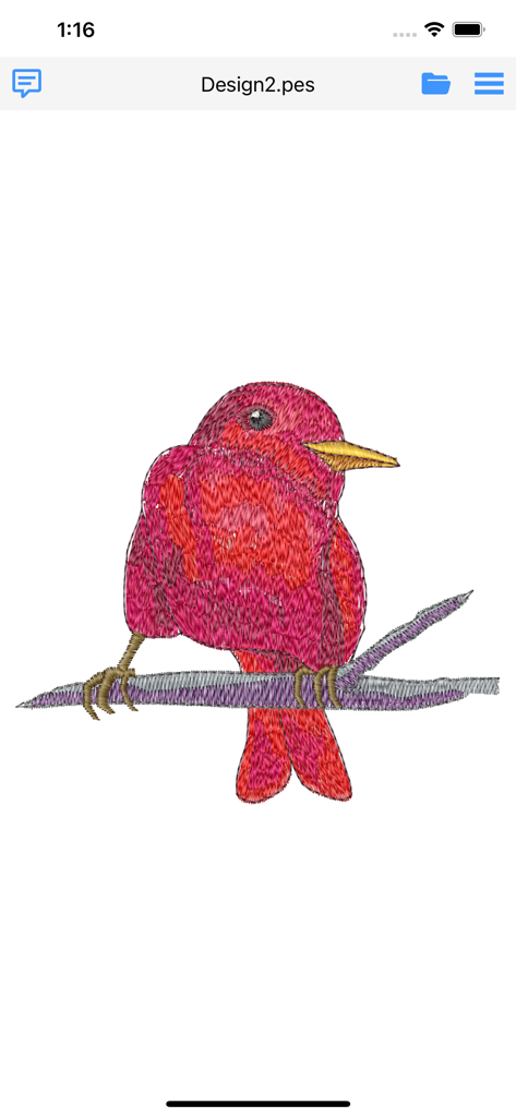 Stitch Viewer Pro - Realistic embroidery stitch preview of a pink bird design in the Stitch Viewer Pro app
