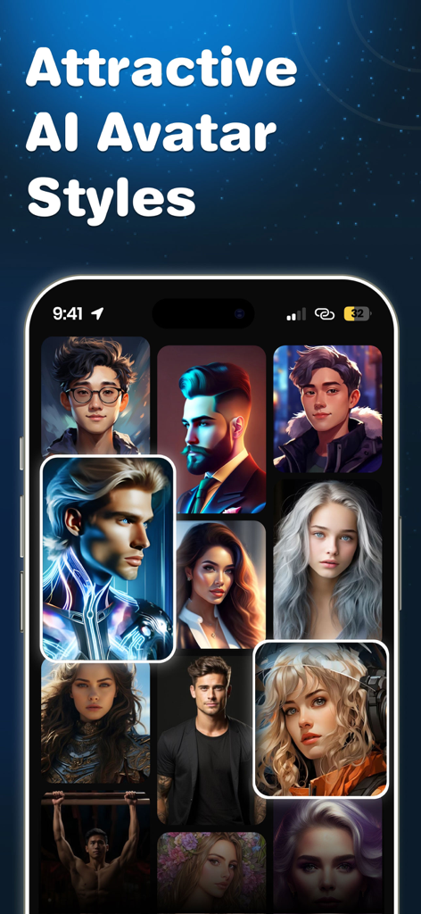 FunSwap app screen displaying a gallery of attractive AI avatar styles and artistic filters.