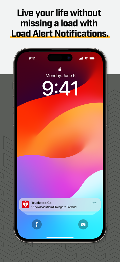 Truckstop Go - Smartphone screen displaying a Truckstop Go load alert notification for new trucking jobs.