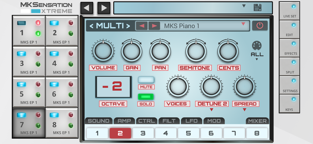 MKSensation Xtreme - MKSensation Xtreme user interface showing adjustable parameters for the MKS Piano sound.
