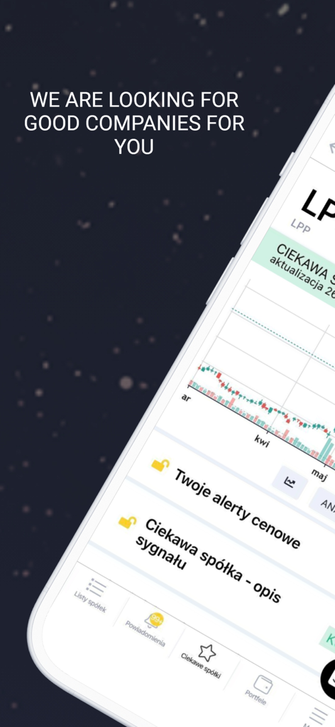 Interfaz de la aplicación Squaber que muestra gráficos de velas de acciones y alertas de inversión