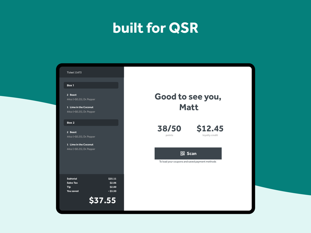 Crisp POS - Crisp POS iPad screen displaying a customer loyalty profile with points and a restaurant order ticket