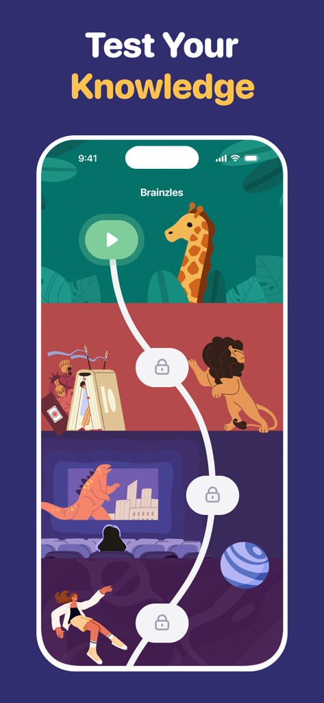 BrainGain - Brain Training - Carte des niveaux de l'application BrainGain montrant un chemin de progression avec des illustrations thématiques colorées.