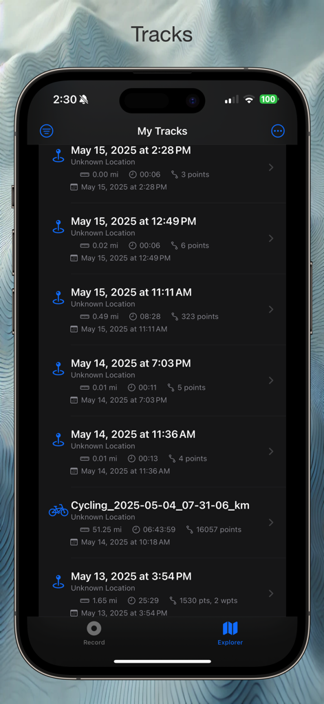 Geo Tracker: GPS Tracking - Liste aufgezeichneter GPS-Strecken mit Distanz und Dauer in der Geo Tracker App