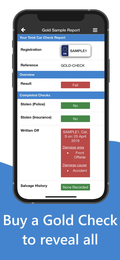 A screenshot of the Total Car Check app displaying a sample gold report for a vehicle with a write-off history.