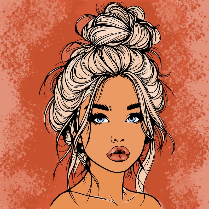 realistic girl with a messy bun and she has lips