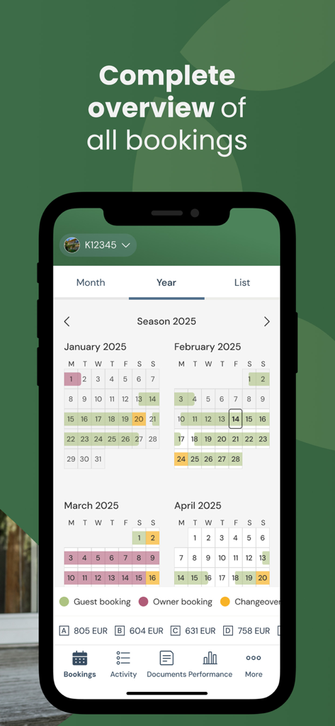 Awaze Owner App display showing a yearly calendar overview of property bookings and guest reservations