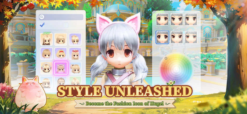 Tela de personalização de personagem em Ragnarok Origin ROO mostrando opções de cabelo e olhos com uma roda de cores