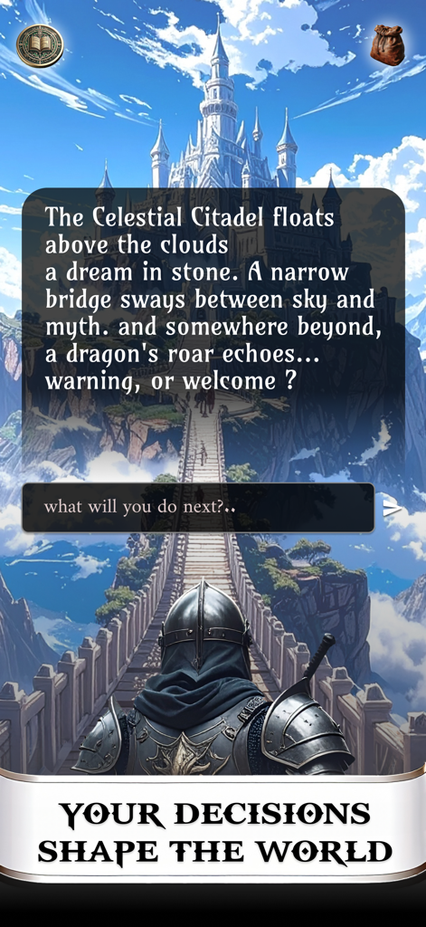 AI駆動のファンタジーRPGゲームインターフェースで、浮遊する城に向かって見ている騎士。