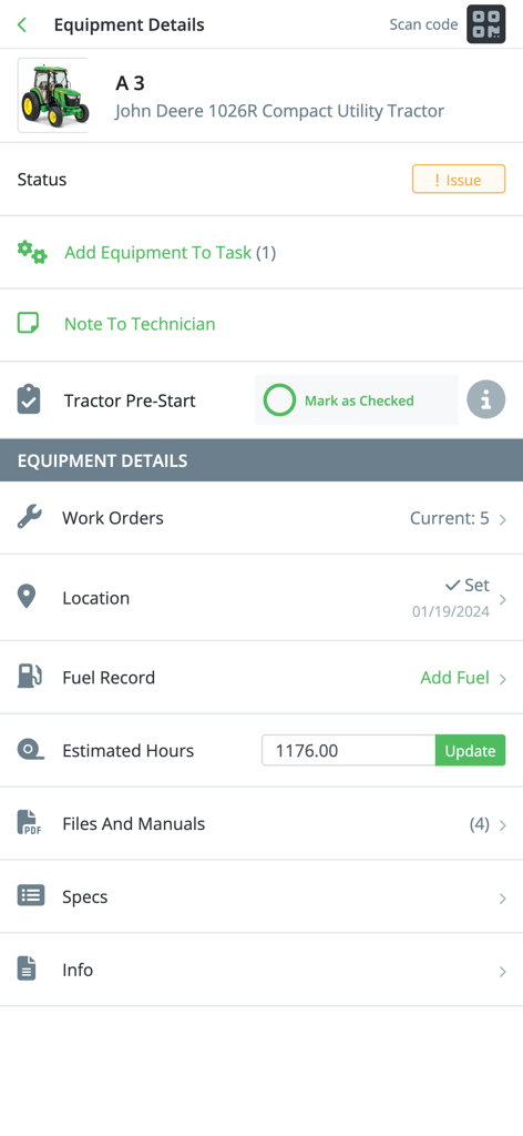 ASB Employee - Equipment details screen in the ASB Employee app showing status and maintenance options for a John Deere tractor