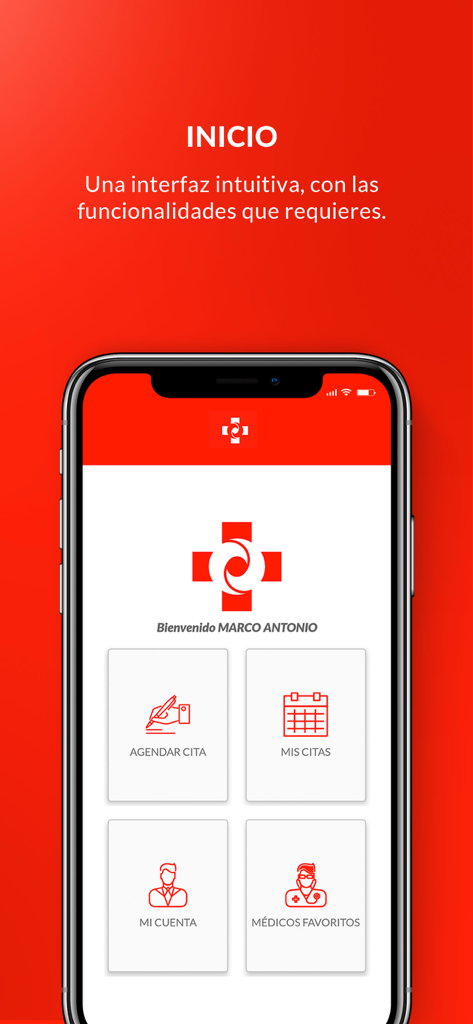 Peruano Japones SALUD app home screen showing menu options for scheduling and viewing medical appointments